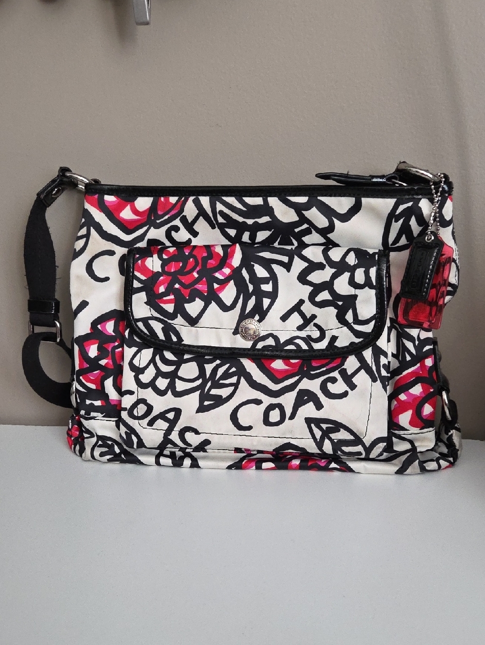 Coach Poppy Black & Pink Graphic Floral Sateen and Patent Leather Crossbody Bag